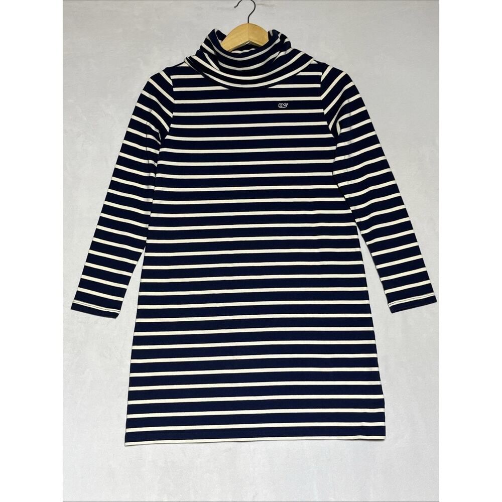 Vineyard Vines Girls Large 14 Funnel Neck Stripe Knit Dress Blue White Cotton